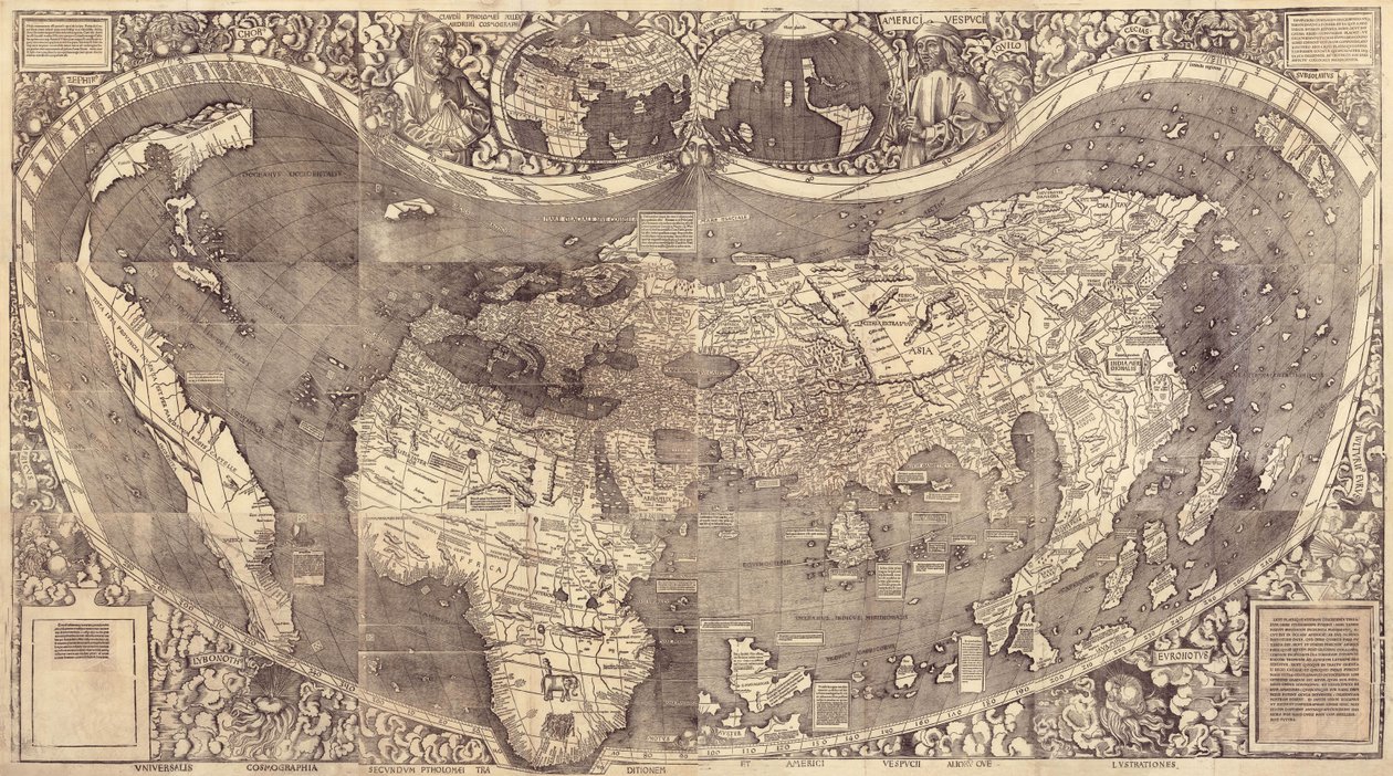 Mapa świata Universalis Cosmographia, 1507 autorstwa Martin Waldseemuller