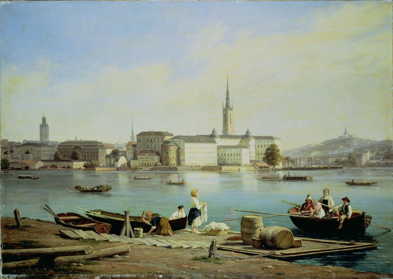 Widok na Riddarholmen nad jeziorem Malaven z Riddarhuset i kościołem Riddarholmen za nimi, Sztokholm autorstwa Martinus Rorbye