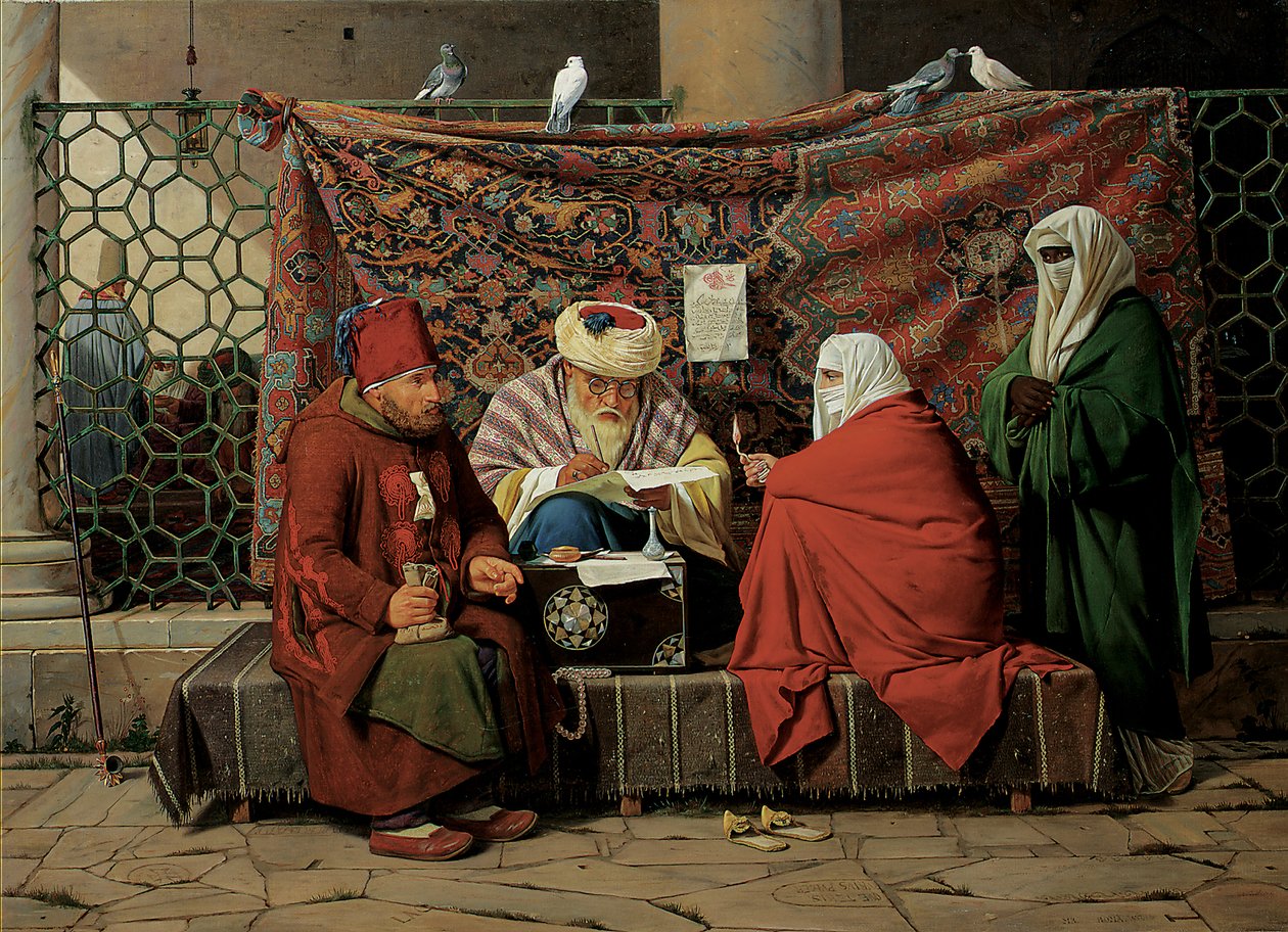 Turecki notariusz sporządzający umowę małżeńską przed meczetem Kilic Ali Pasha, Tophane, Cinstantinopole, 1837 autorstwa Martinus Rorbye