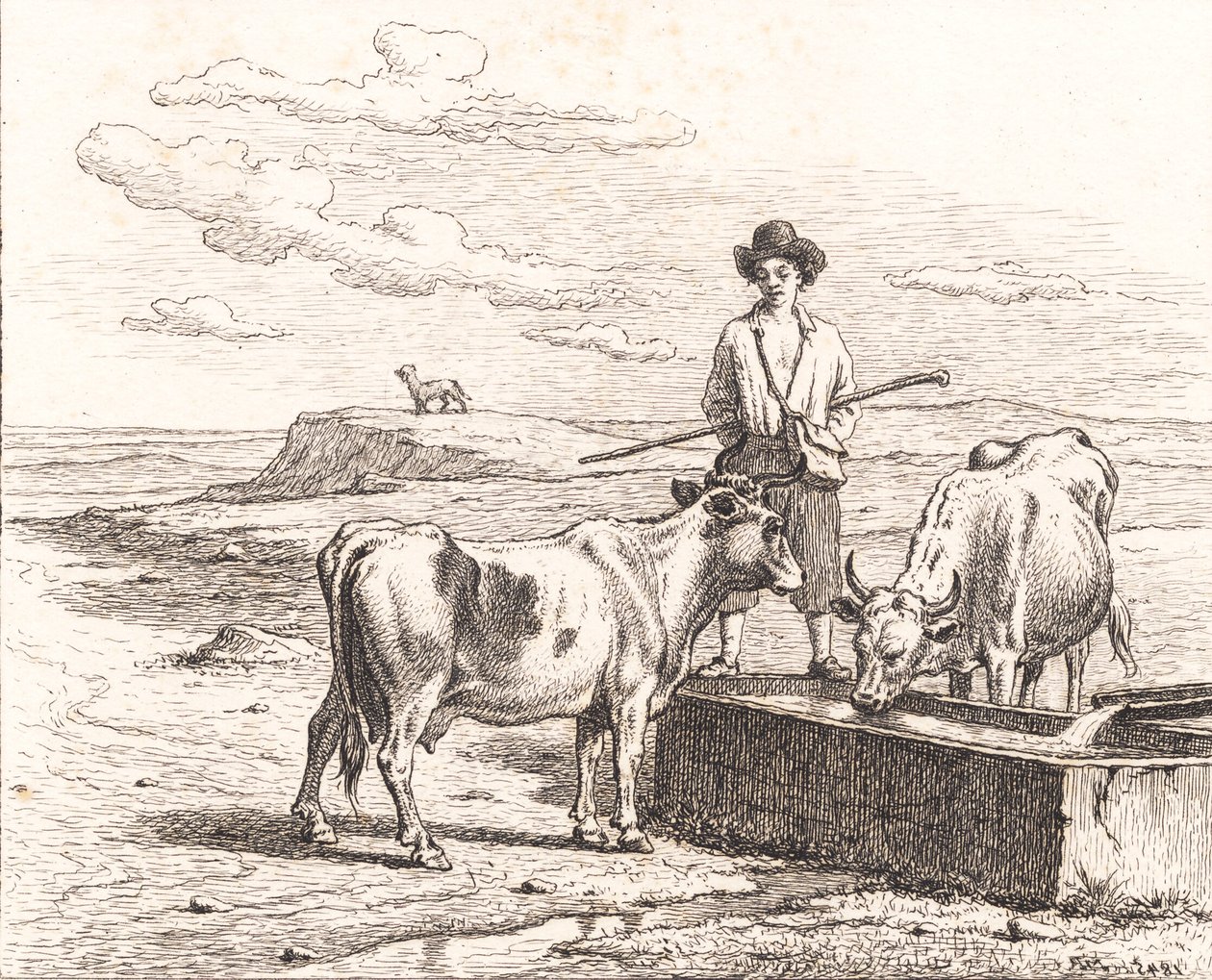 Pasterz przy poidełce. Ilustracja do Chr. Winther „Dwadzieścia pięć obrazków dla małych dzieci” autorstwa Martinus Rørbye