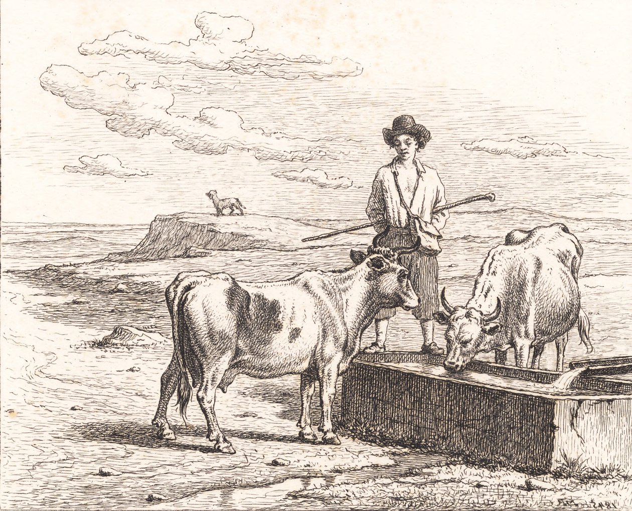 Pasterz przy poidełce. Ilustracja do Chr. Winther „Dwadzieścia pięć obrazków dla małych dzieci” autorstwa Martinus Rørbye