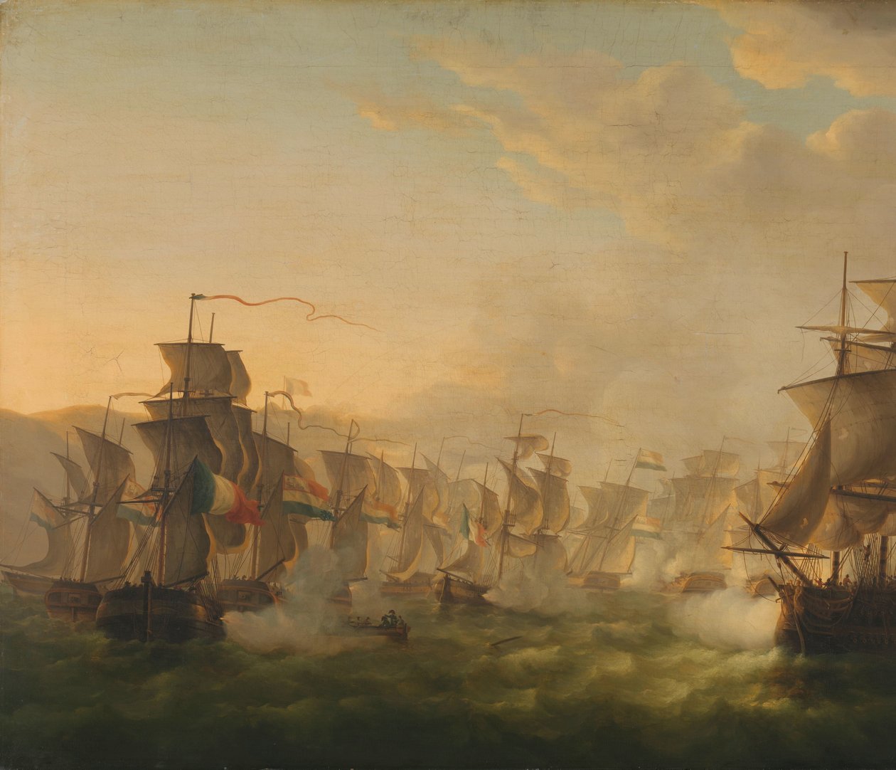 Starcie floty holenderskiej i brytyjskiej podczas przejścia flotylli holenderskiej do Boulogne (1804) autorstwa Martinus Schouman (signed by artist)