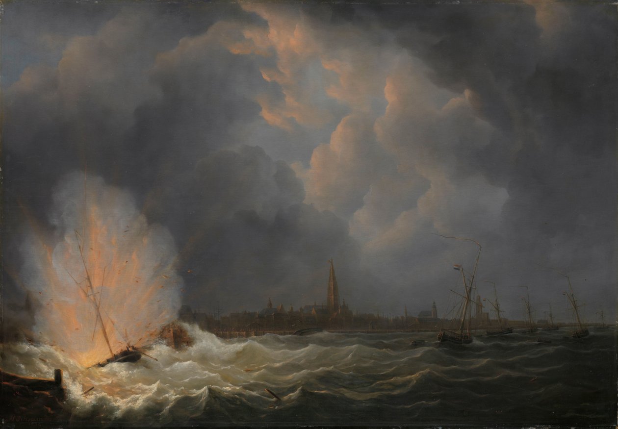 Wybuch kanonierki nr 2 pod dowództwem Jana van Speijk w okolicach Antwerpii, 5 lutego 1831 r autorstwa Martinus Schouman