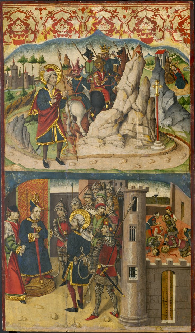 Święty Krzysztof spotyka szatana, Święty Krzysztof przed królem Licji, 1480-85 autorstwa Martín de Soria