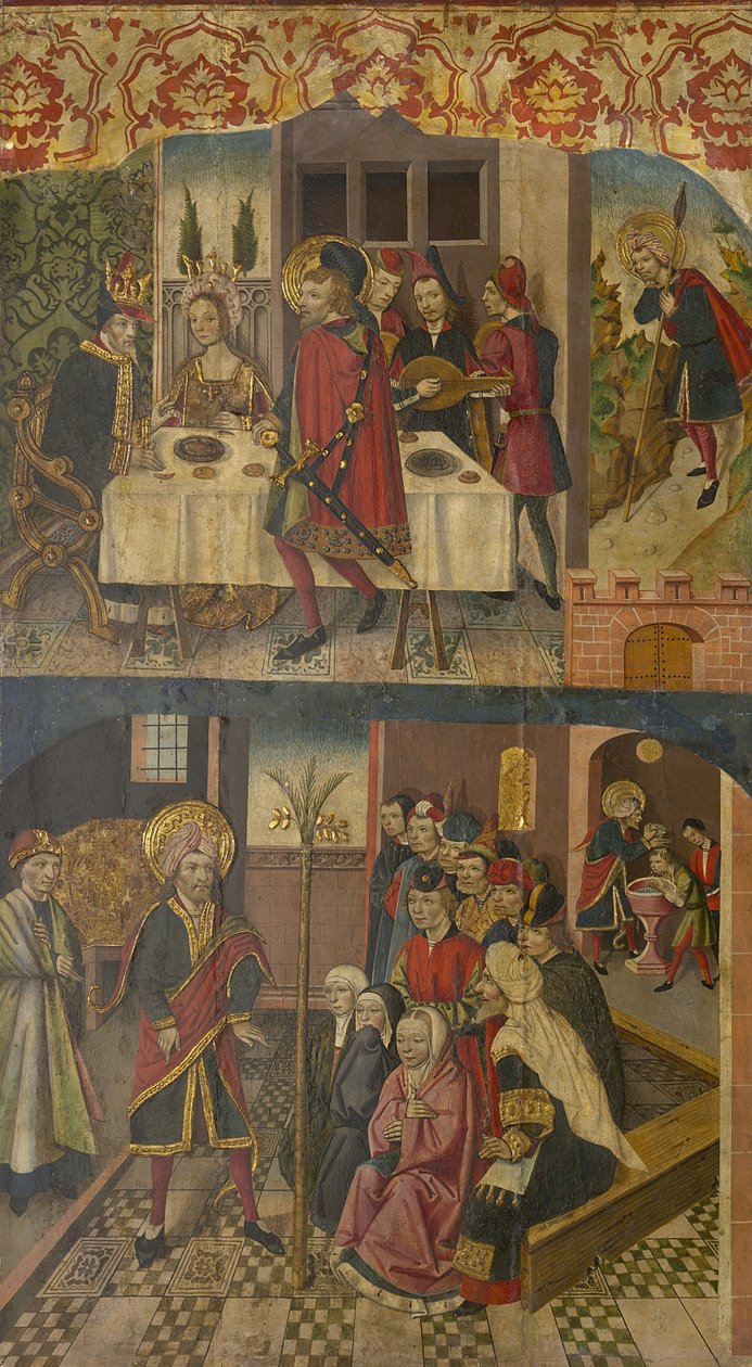 Św. Krzysztof żegna się z królem, który bał się szatana, Św. Krzysztof i jego nawróceni, 1480-85 autorstwa Martín de Soria
