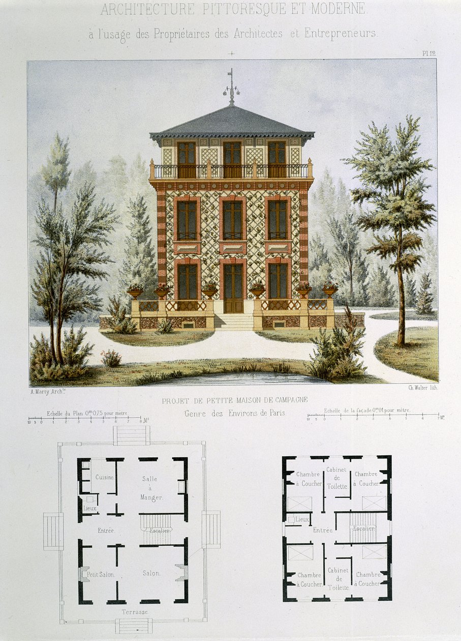 Projekt małej wiejskiej rezydencji pod Paryżem, sztychowana przez Waltera, tablica 12 z „Architecture Pittoresque et Moderne” autorstwa Marty