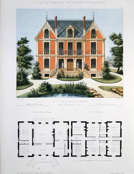 Projekt małego wiejskiego domu pod Paryżem, wyryty przez Waltera, tablica 6 z "Architecture Pittoresque et Moderne" (litografia kolorowa) autorstwa Marty (after)