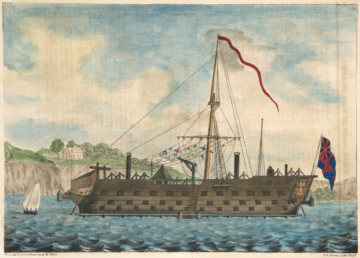 Statek więzienny Saratoga przy Dartmouth, wyd. 1840 (grawerowanie ręcznie kolorowane) autorstwa Martyn after Alken