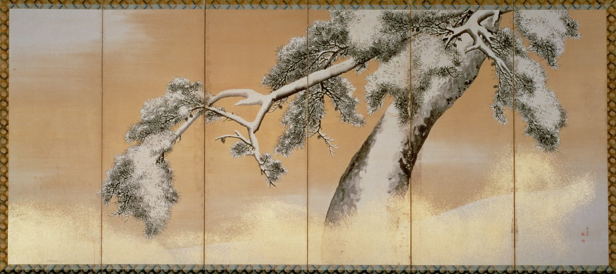 Sosny pod śniegiem (pióro i atrament, kolor, złoty papier na panelu) (patrz 216568) autorstwa Maruyama Okyo