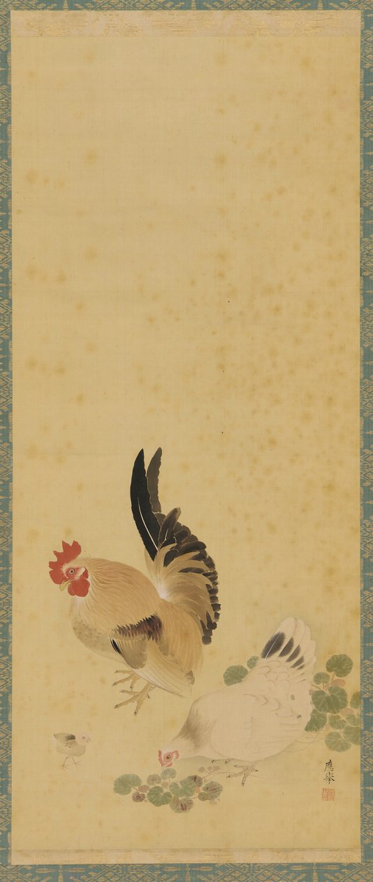 Kogut, kura i pisklę, okres Edo, XVIII wiek. autorstwa Maruyama Okyo