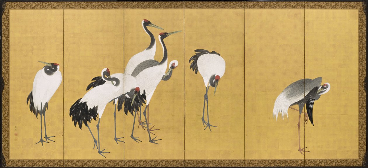 Żurawie, okres Anei, 1772 (atrament, kolor i złoty płatek na panelu) autorstwa Maruyama Okyo