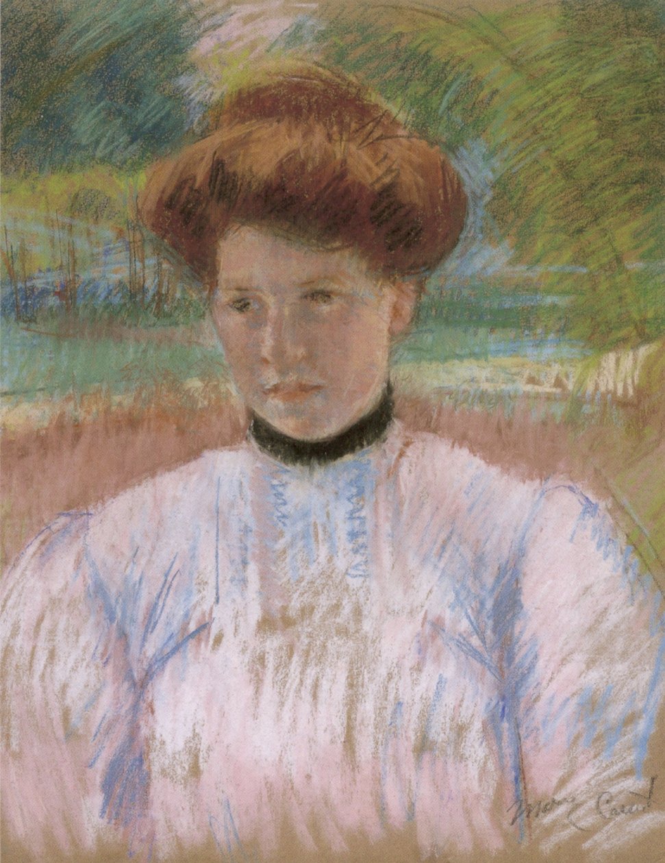 Młoda kobieta z kasztanowymi włosami w różowej bluzce autorstwa Mary Cassatt
