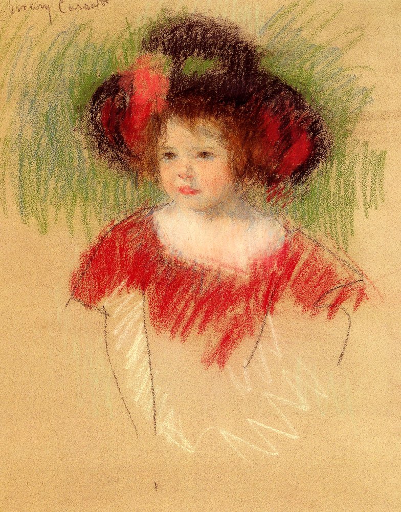 Margot w dużym czepku i czerwonej sukience autorstwa Mary Cassatt