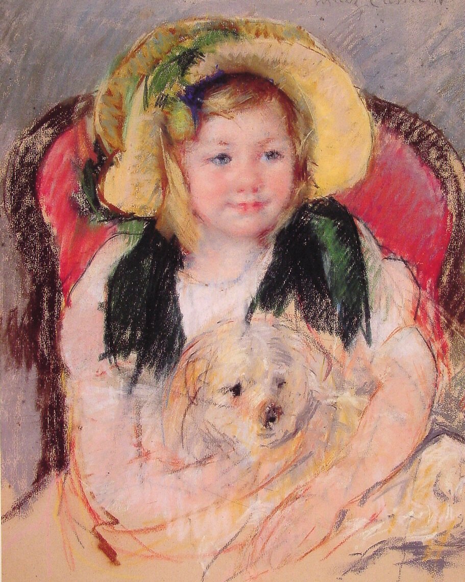 Sara z psem w fotelu autorstwa Mary Cassatt
