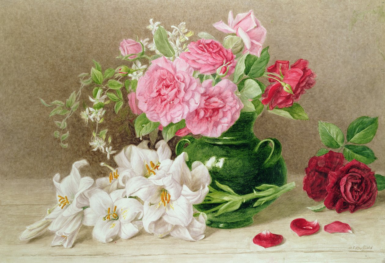 Róże i Lilie (akwarela) autorstwa Mary Elizabeth Duffield