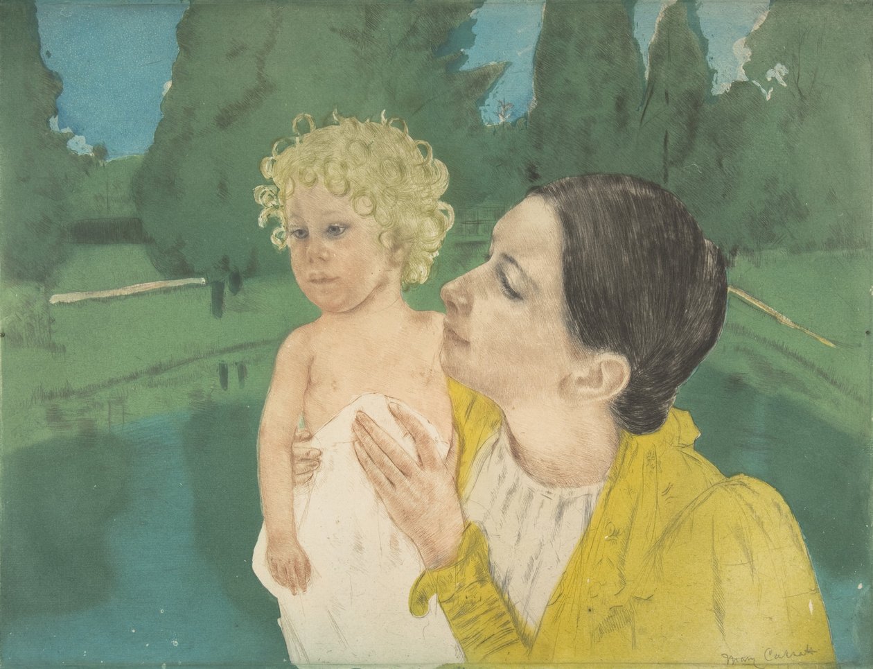 Nad stawem, ok. 1896 (druk sucha igła i akwatinta) autorstwa Mary Cassatt