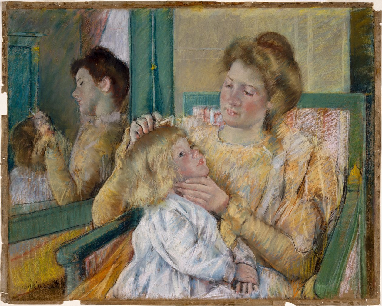 Matka czesząca włosy dziecka, ok. 1901 (pastel na szarym papierze) autorstwa Mary Cassatt