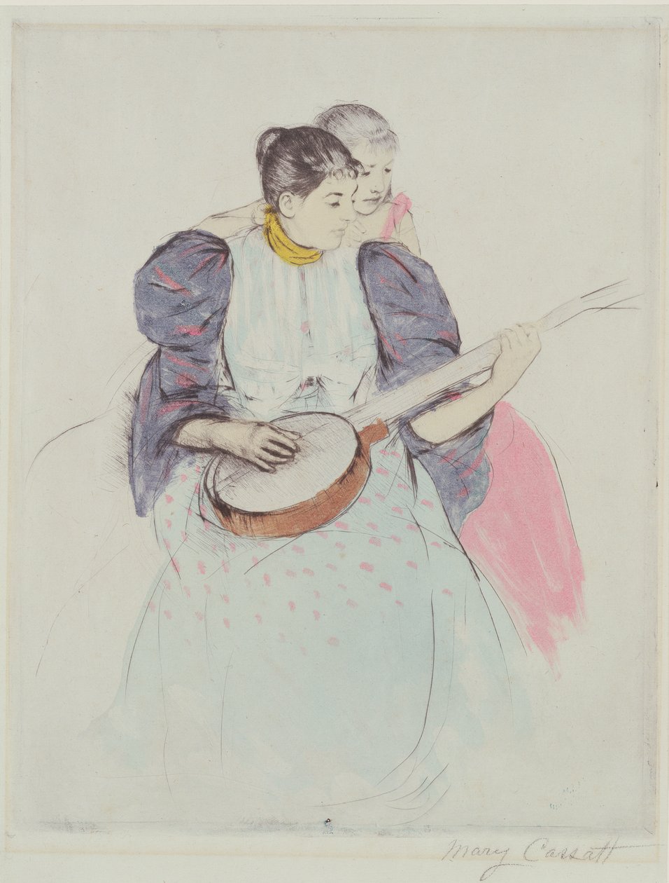 Lekcja banjo, 1893 (sucha igła, miękka i akwatinta na papierze) autorstwa Mary Cassatt