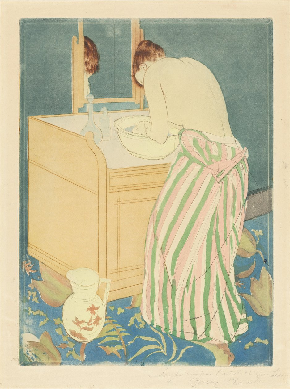 Kobieta kąpiąca się, 1890-1 (kolorowy suchy punkt i akwatinta na grubym papierze kładzionym) autorstwa Mary Cassatt