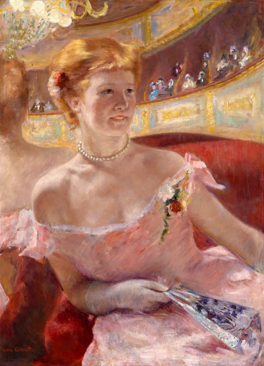 Kobieta z perłowym naszyjnikiem w loży autorstwa Mary Cassatt