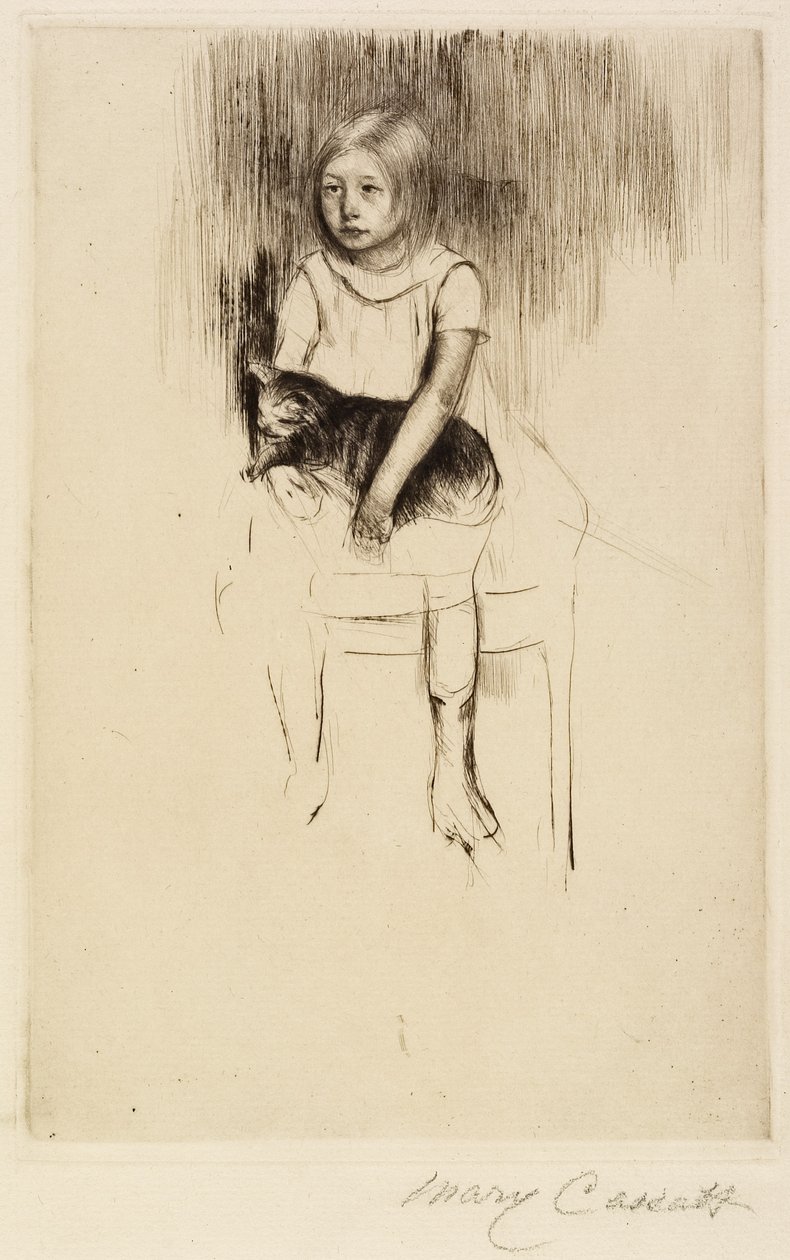 Ellen trzymająca kota, patrząc w lewo, c. 1887 autorstwa Mary Cassatt