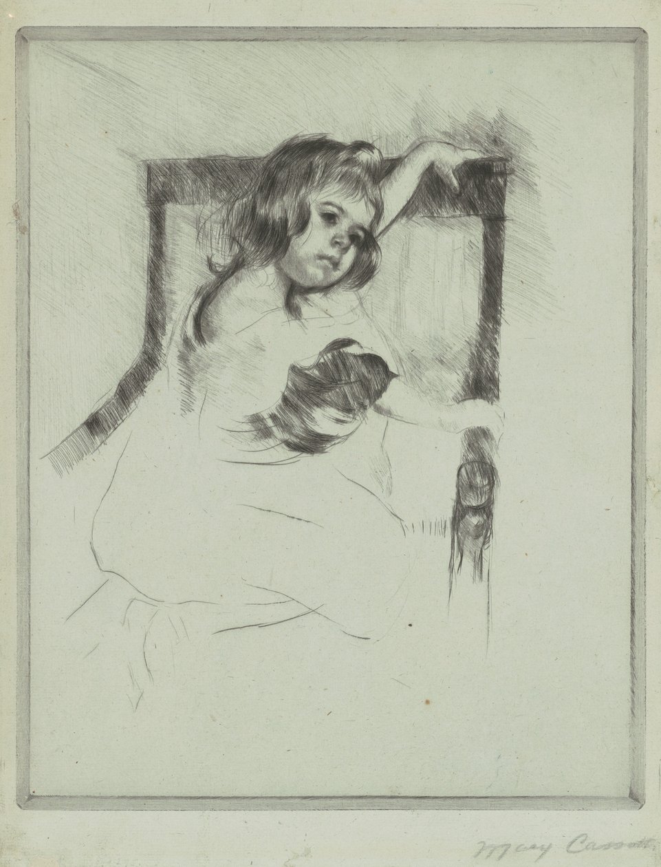 Klęcząc w fotelu autorstwa Mary Cassatt