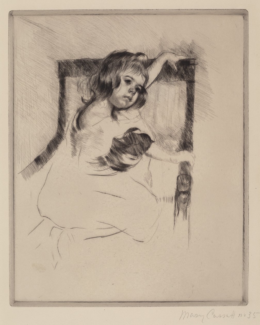 Klęcząc w fotelu autorstwa Mary Cassatt