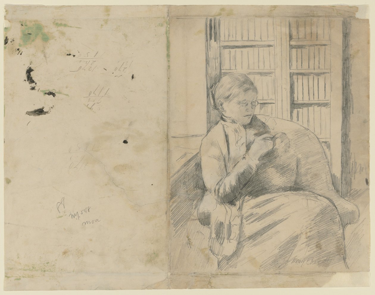 Dzianie w Bibliotece recto, Dzianie w Bibliotece verso, ok. godz. 1881. autorstwa Mary Cassatt