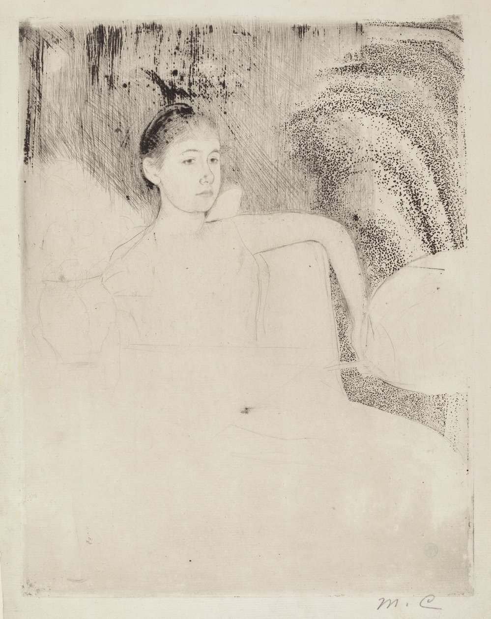 Mimi trzymająca japoński wachlarz autorstwa Mary Cassatt