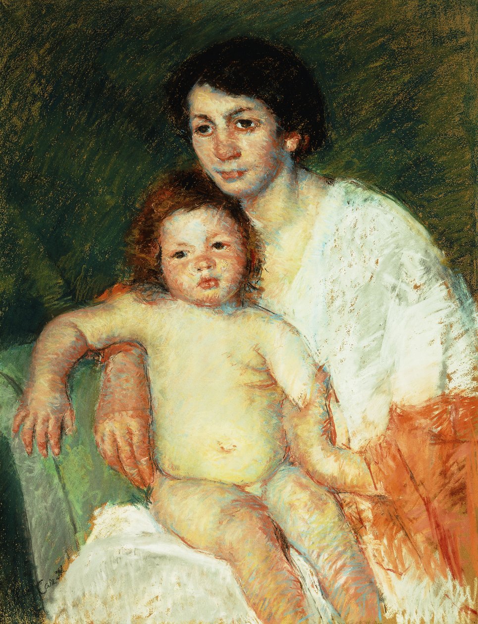Nagie dziecko na kolanach matki opierające prawe ramię na oparciu krzesła, 1913 autorstwa Mary Cassatt