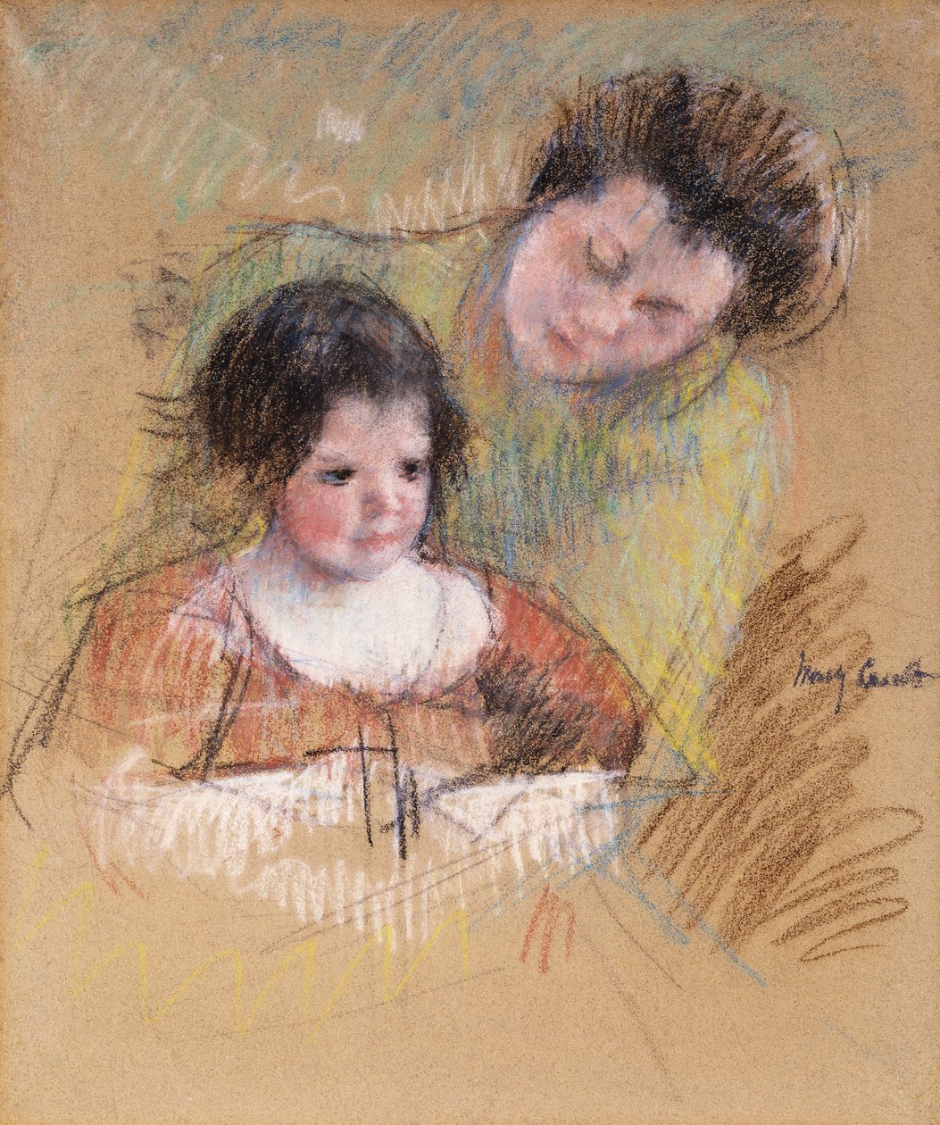 Reine pochyla się nad ramieniem Margot, autorstwa Mary Cassatt