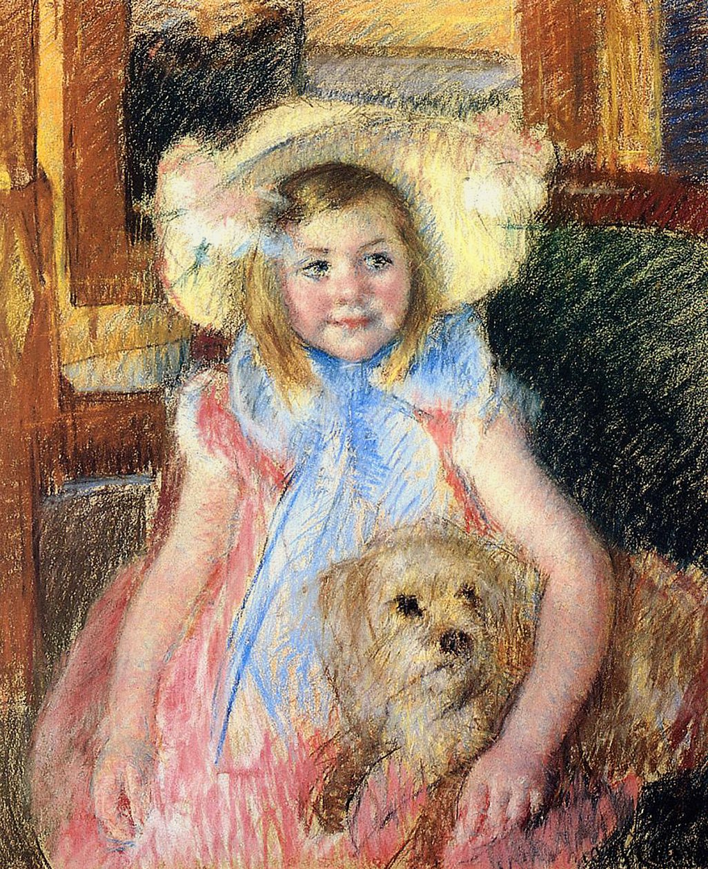 Sara w dużym kwiecistym kapeluszu, patrząca w prawo, trzymająca psa, ok. 1901 (pastel na papierze) autorstwa Mary Cassatt