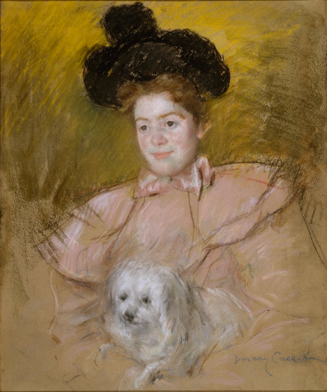 Kobieta w kostiumie maliny trzymająca psa autorstwa Mary Cassatt