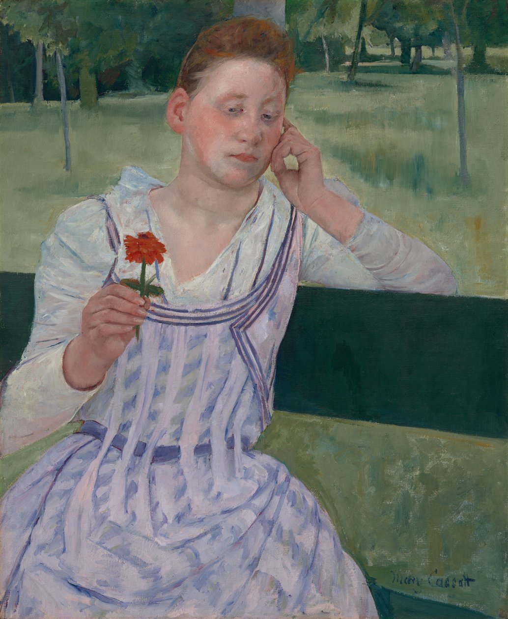 Kobieta z czerwoną cynia (Zamyślenie) autorstwa Mary Cassatt