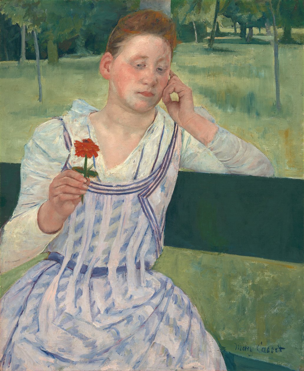 Kobieta z czerwoną cynią autorstwa Mary Cassatt