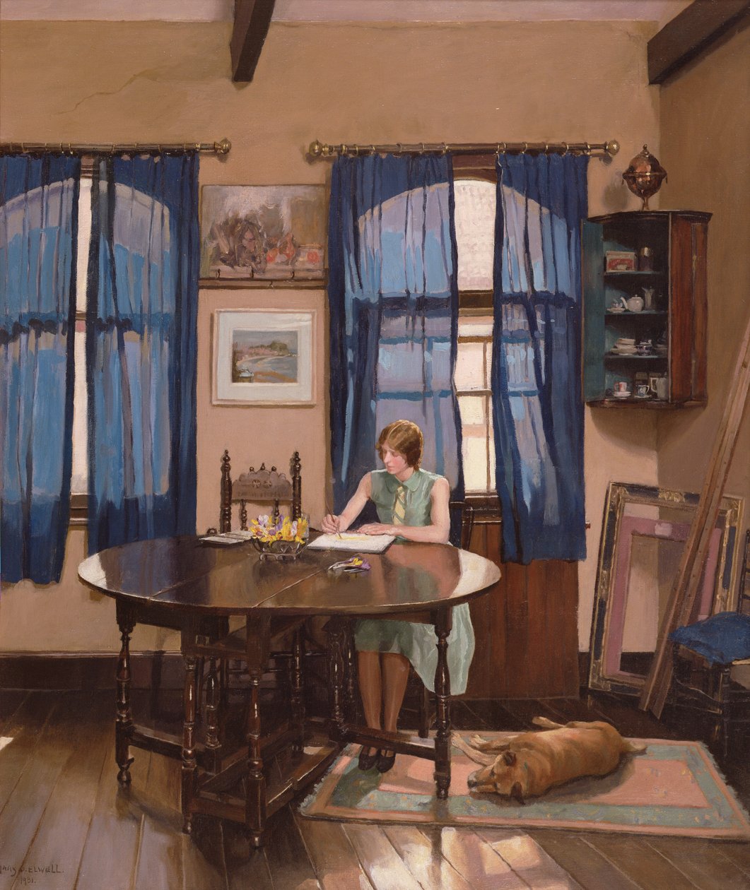 Wnętrze z artystką malującą przy stole z nogą bramy autorstwa Mary Dawson Elwell