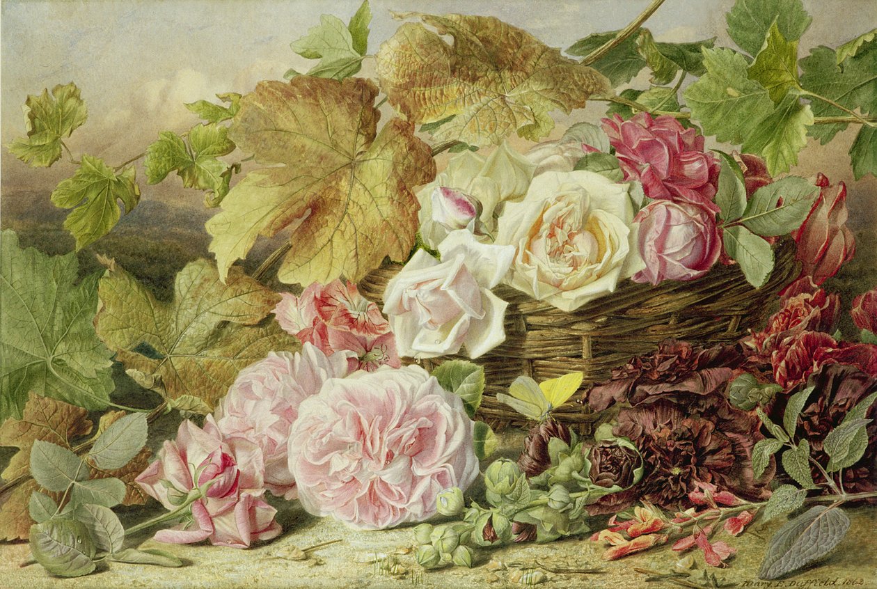 Piwonie, róże i malwy, 1862 autorstwa Mary Elizabeth Duffield