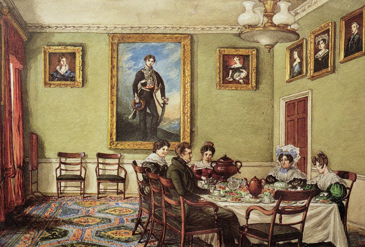 Jadalnia w Langton Hall, rodzina przy śniadaniu, ok. 1832-3 autorstwa Mary Ellen Best