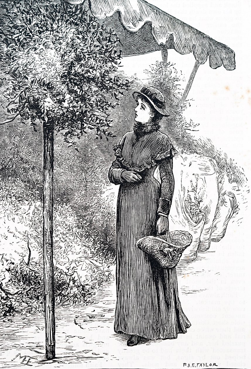 Kobieta kupuje ostrokrzew do ozdób choinkowych. Mary Ellen Edwards (1838-1934), angielska artystka autorstwa Mary Ellen Edwards
