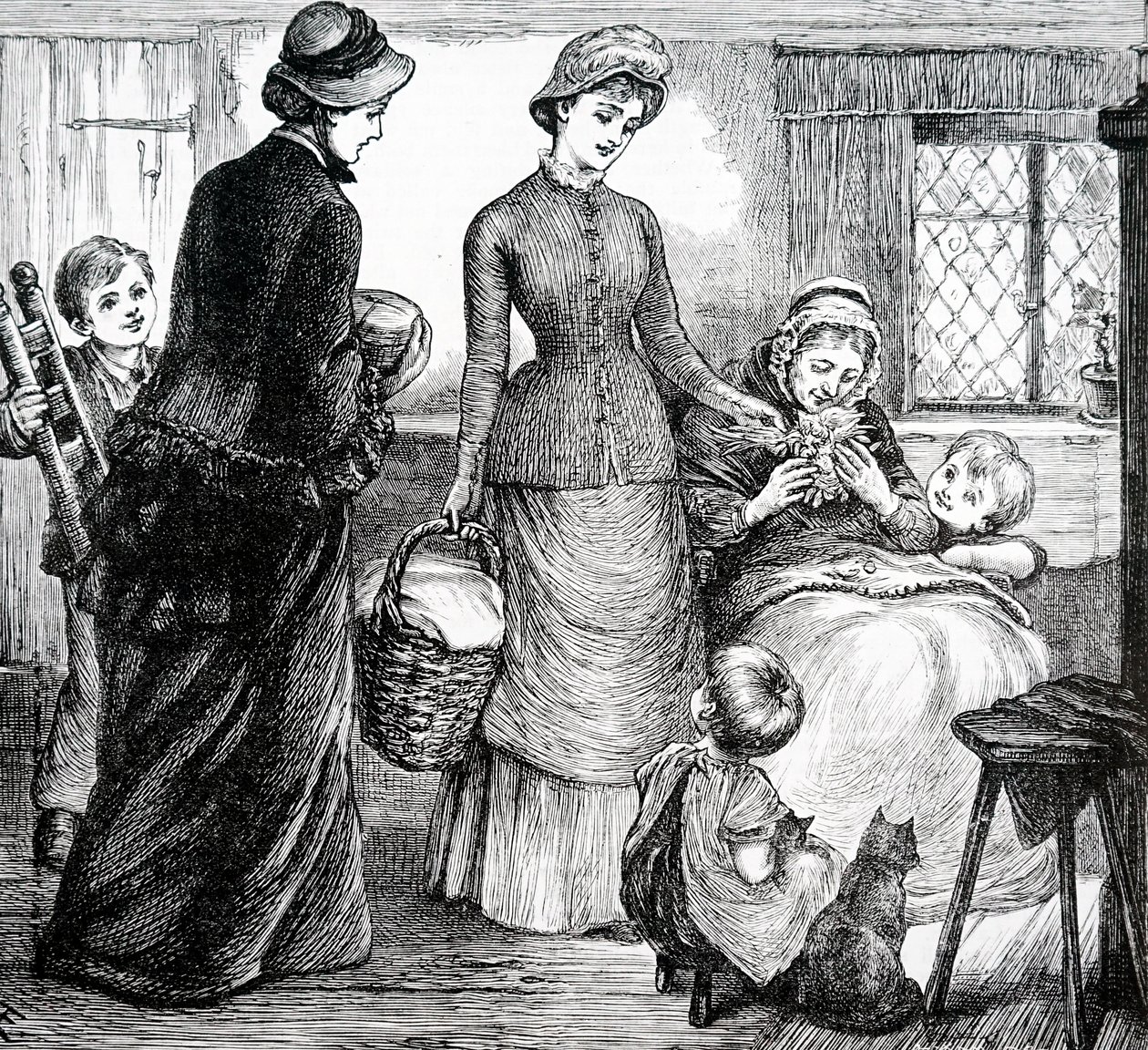 Kobieta dająca prezenty biednemu wieśniakowi. Mary Ellen Edwards (1838-1934), angielska artystka autorstwa Mary Ellen Edwards