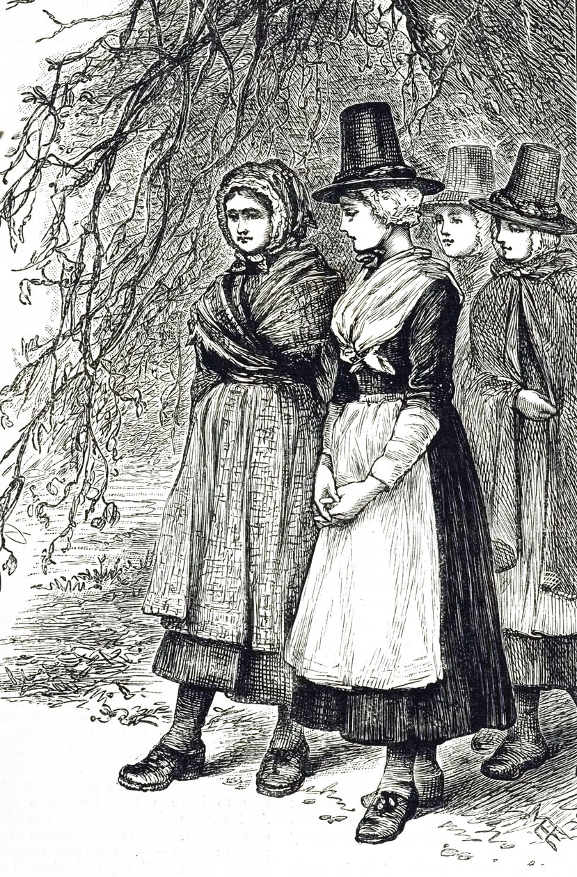 Rycina przedstawiająca walijskie dziewczęta na targach Hollantide, targach pracy, które czekają na zaręczyny jako pomoc domowa. Ilustrowana przez Mary Ellen Edwards (1838-1934) angielską artystkę i ilustratorkę książek dla dzieci autorstwa Mary Ellen Edwards