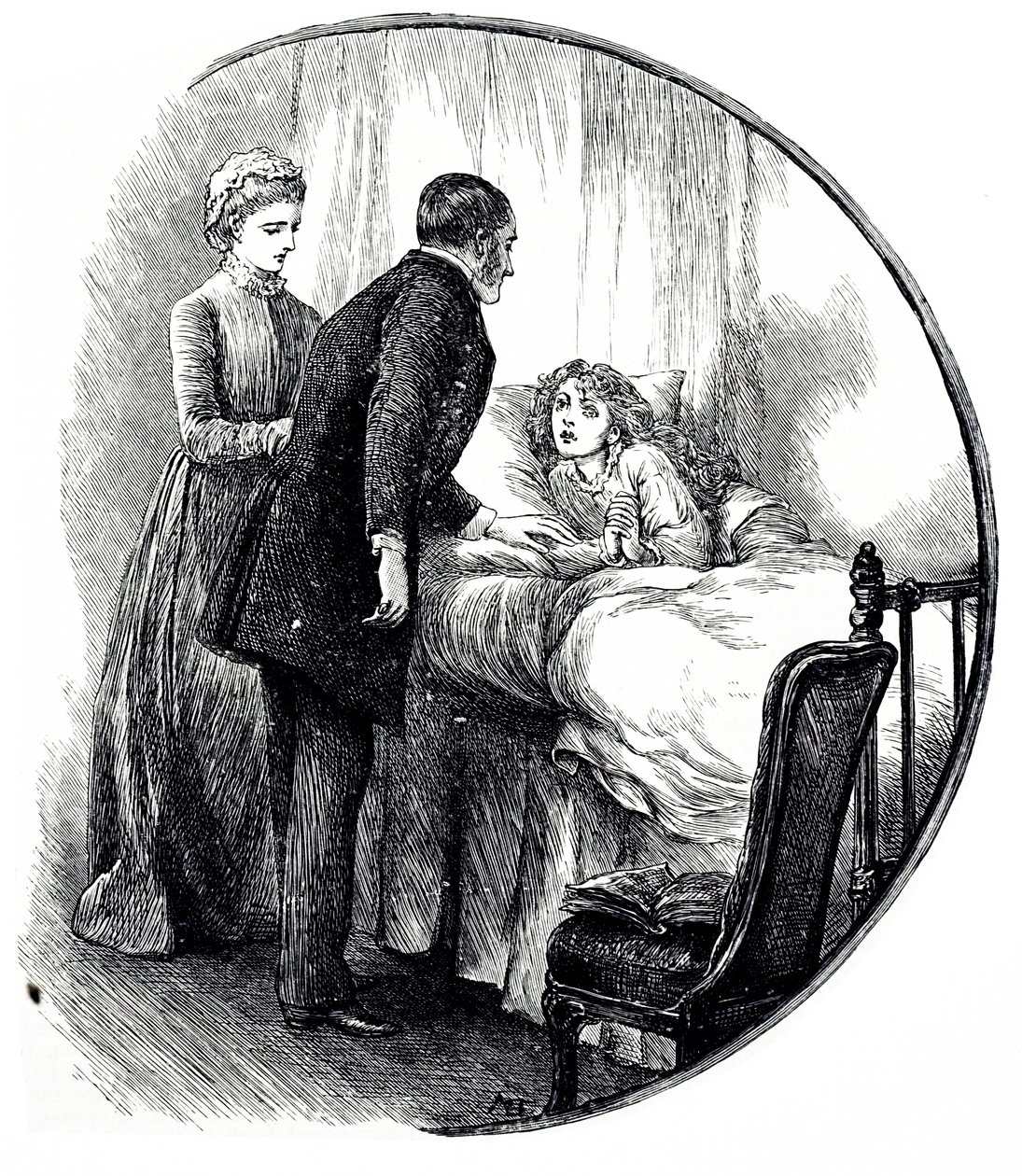 Rycina przedstawiająca lekarza odwiedzającego swojego małego pacjenta w domu. Ilustrowane przez Mary Ellen Edwards (1838-1934), angielską artystkę i płodną ilustratorkę książek dla dzieci autorstwa Mary Ellen Edwards