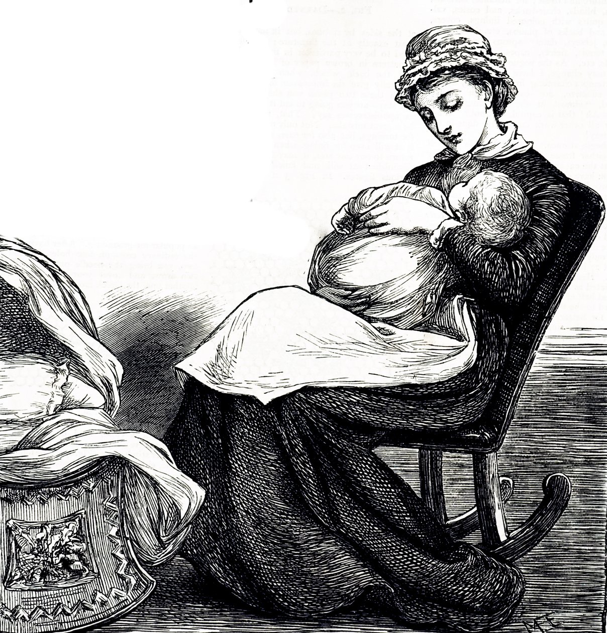 Grawerunek przedstawiający matkę kołyszącą dziecko. Ilustrowana Mary Ellen Edwards (1838-1934) angielska artystka i płodna ilustratorka książek dla dzieci autorstwa Mary Ellen Edwards