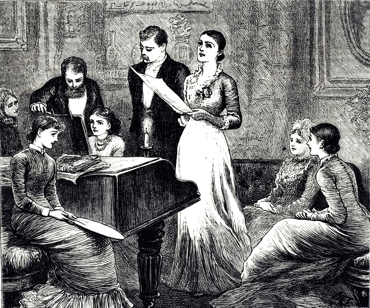 Rycina przedstawiająca wieczór muzyczny. Ilustrowana przez Mary Ellen Edwards (1838-1934) angielską artystkę i ilustratorkę książek dla dzieci autorstwa Mary Ellen Edwards