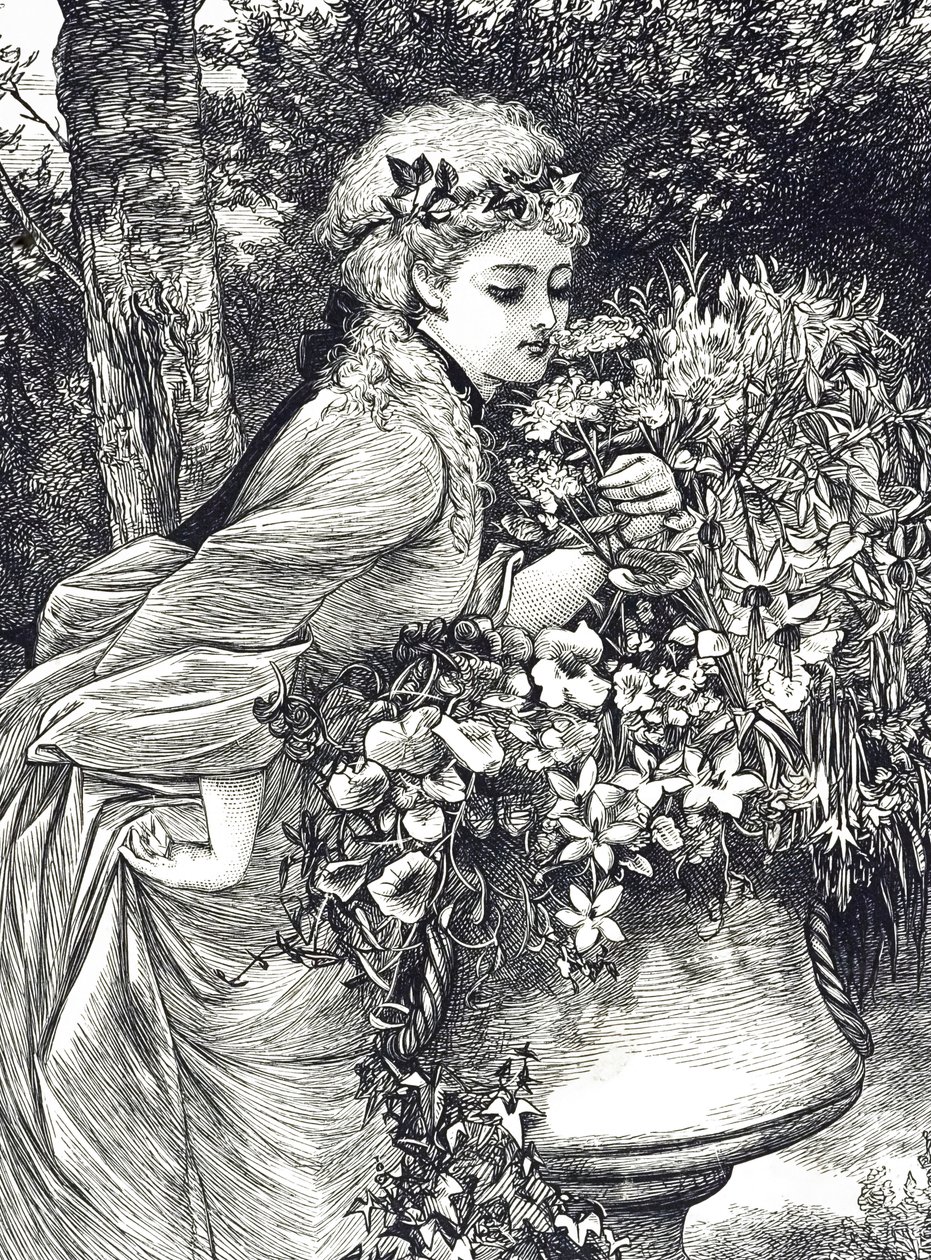 Rycina przedstawiająca młodą dziewczynę wąchającą kwiaty w ogrodowej urnie. Ilustrowana przez Mary Ellen Edwards (1838-1934) angielską artystkę i ilustratorkę książek dla dzieci autorstwa Mary Ellen Edwards