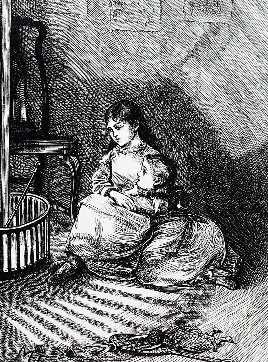 Dzieci siedzące przy kominku autorstwa Mary Ellen Edwards