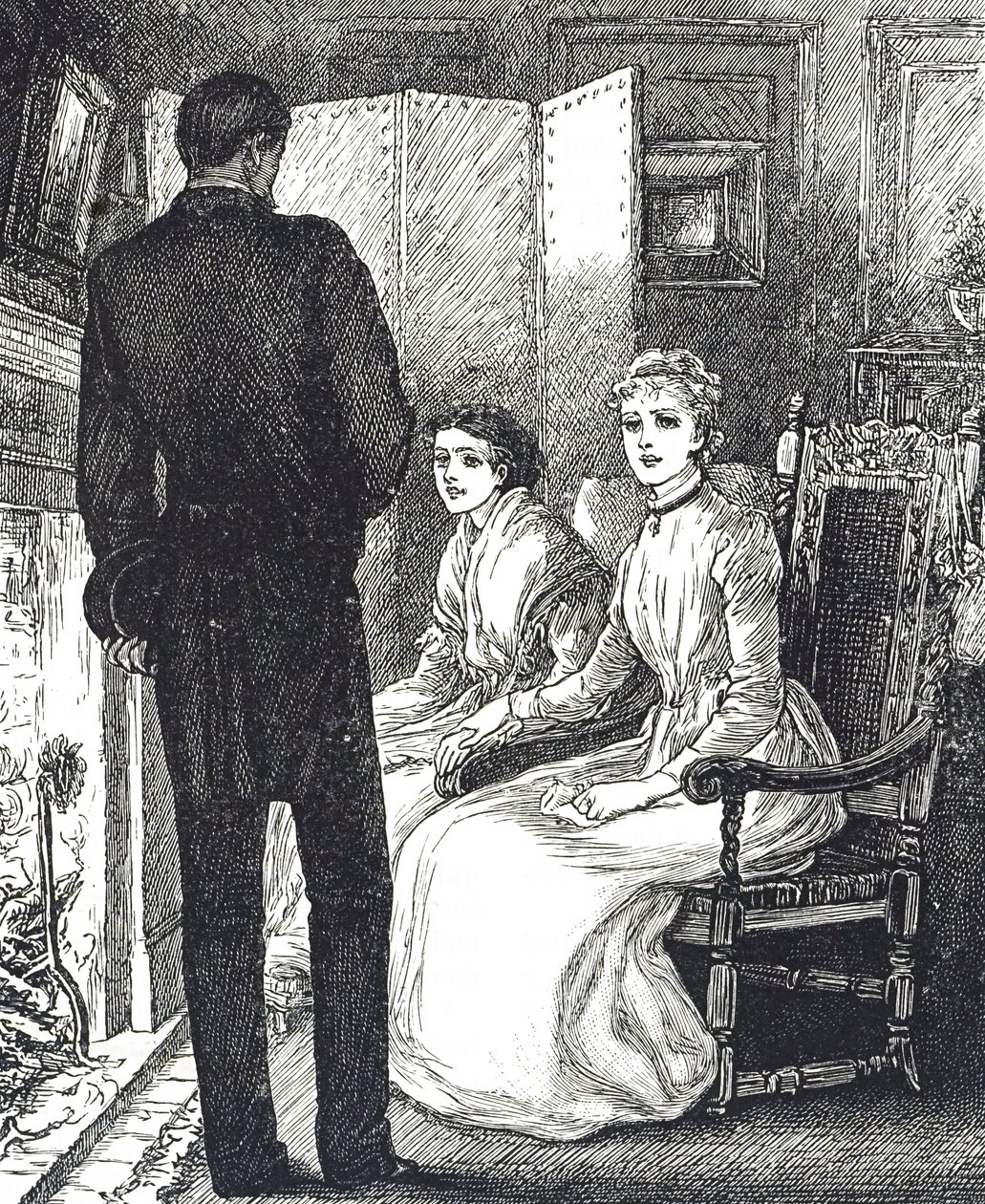 Grawer przedstawiający dwie kobiety ogrzewające się przy kominku autorstwa Mary Ellen Edwards