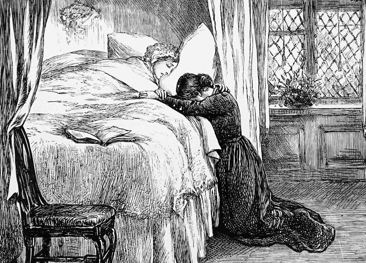 Ilustracja przedstawiająca córkę płaczącą przy łożu śmierci matki autorstwa Mary Ellen Edwards