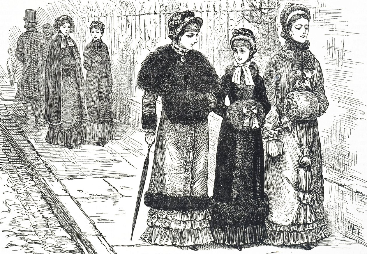 Ilustracja przedstawiająca młode kobiety z mufkami, aby ogrzać dłonie w chłodniejsze dni autorstwa Mary Ellen Edwards