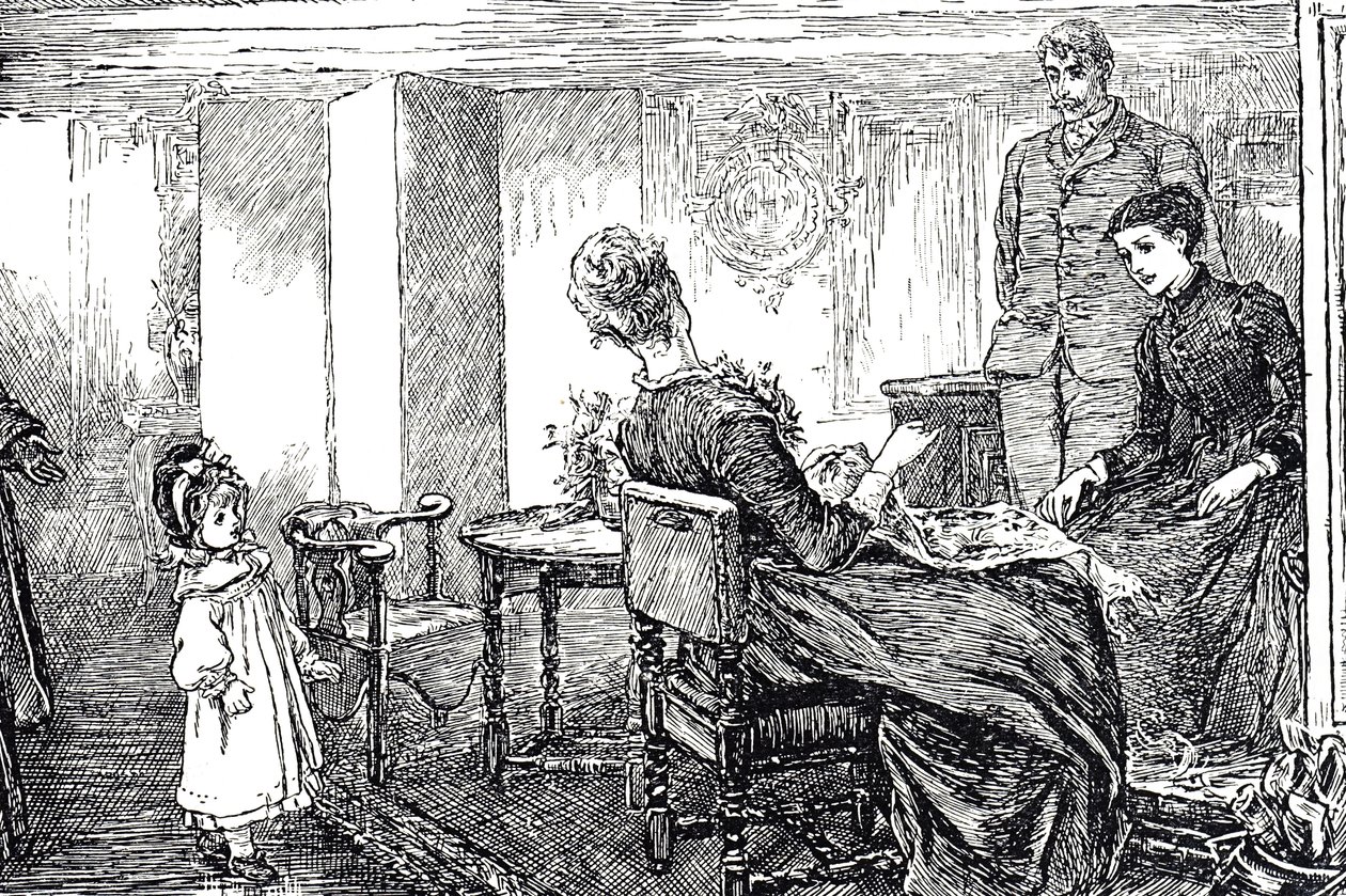 Ilustracja przedstawiająca małą dziewczynkę pod opieką ciotek i wujka na popołudnie autorstwa Mary Ellen Edwards